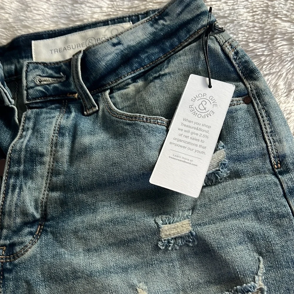 Treasure and bond distressed jean blue high waisted shorts. - Picture 3 of 6